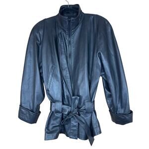 Clifford Michael Vintage Black Leather Jacket Zipper Front Belted Medium Women